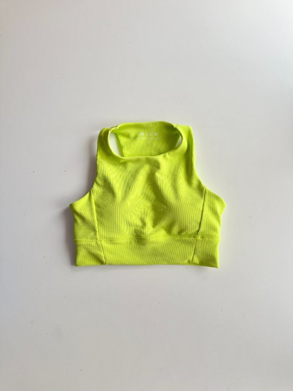 WILO Neon Yellow Based Ribbed Performance Racerback Sports Bra Top, Size L